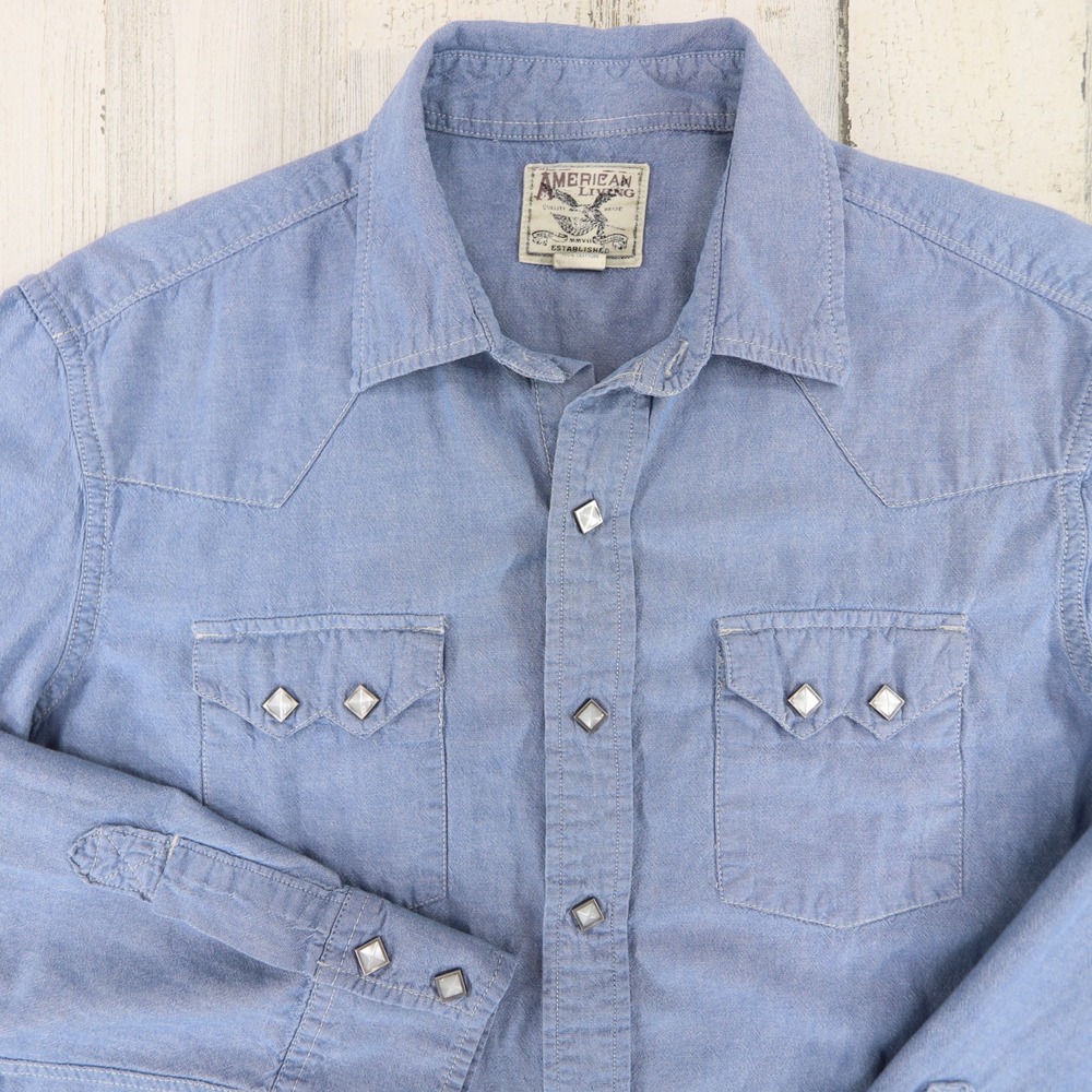 American Living Shirt Mens Large Chambray Cowboy Western Diamond Pearl Snap